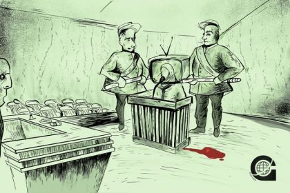 Cartoon of Forced Confession of Sepideh Rashno on State TV